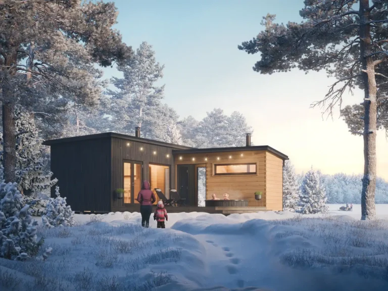 Havainnekuva mökistä talvisessa maisemassa